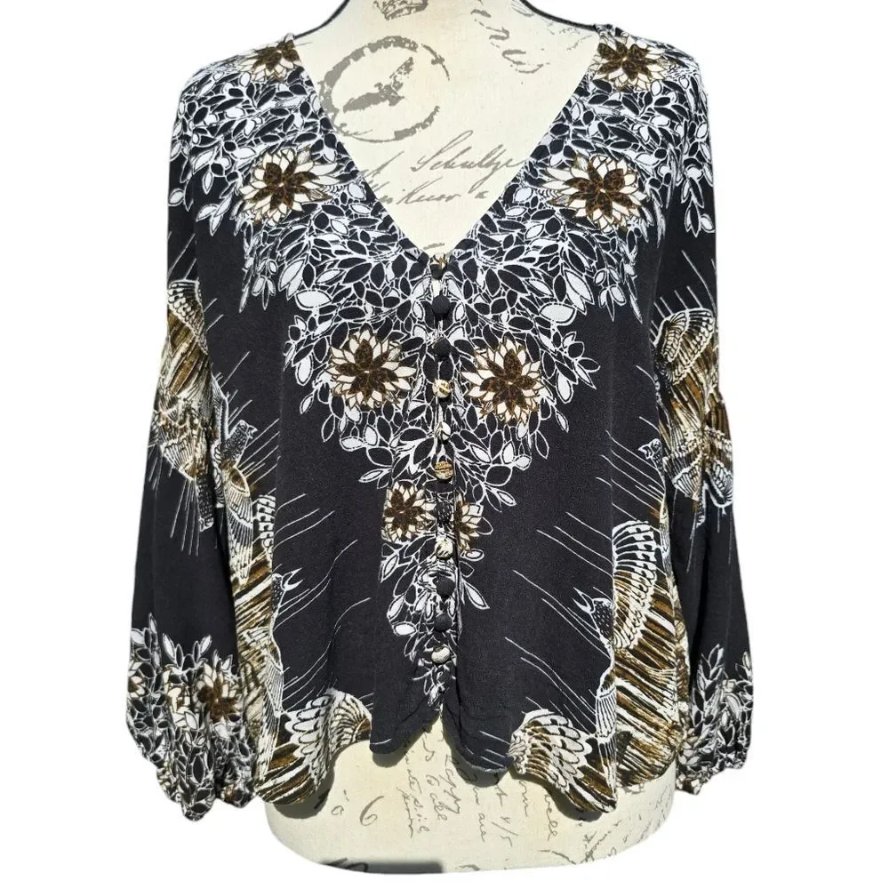 FREE PEOPLE -1816 Birds of a Feather Balloon Sleeve Printed Blouse Black Tan XS‎